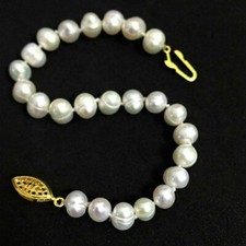 Natural 7-8/8-9/9-10mm Freshwater Cultured White Pearl Gold Clasp Bracelet 7.5''