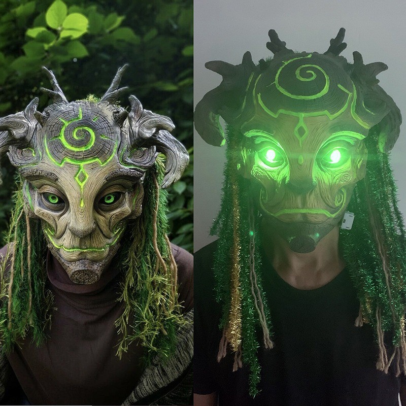 Máscara de hombre viejo elfo verde de Halloween - Máscara de hombre árbol de látex de elfo del bosque para mascarada