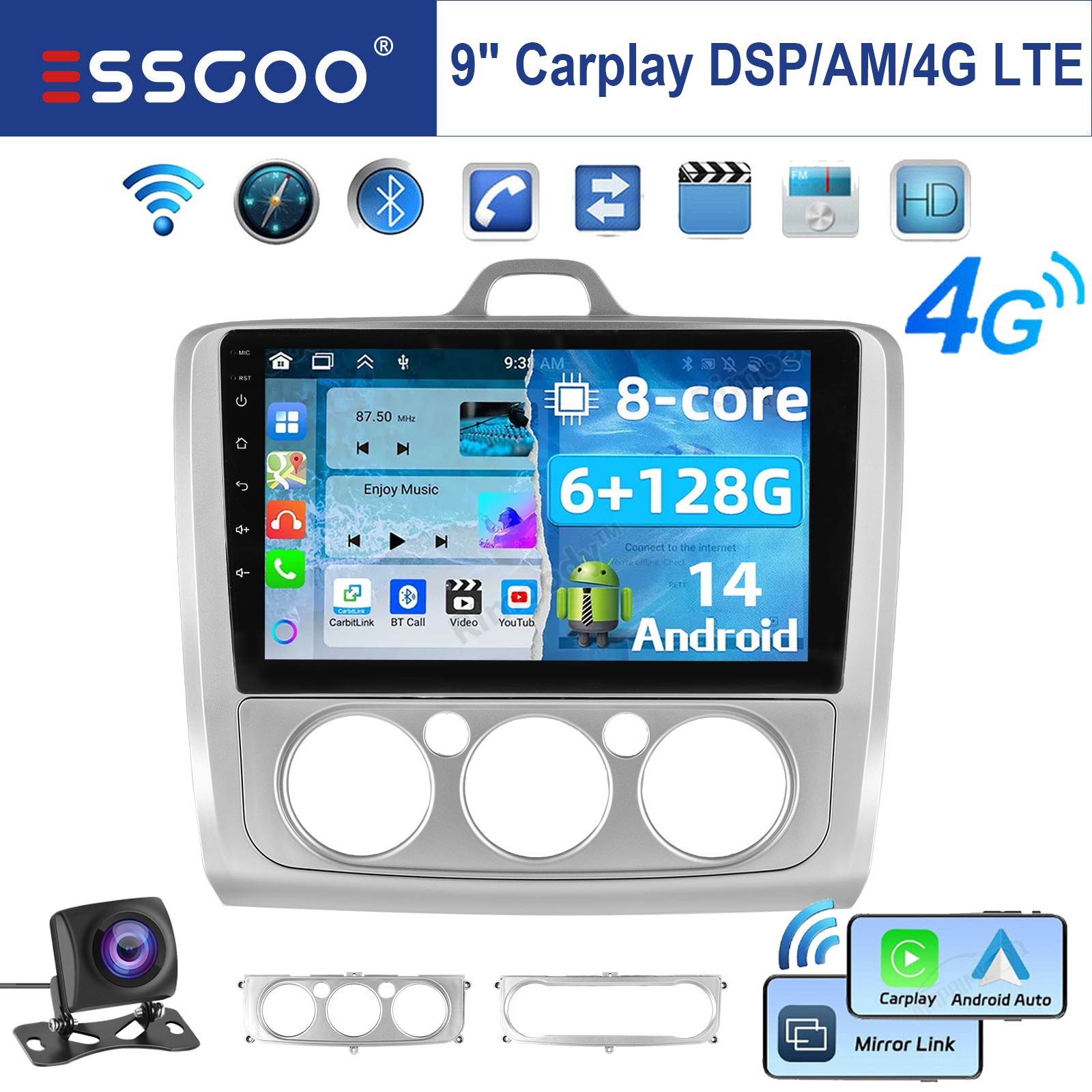 Autoradio Android 6+128G Carplay GPS 8-Core KAM per Ford Focus MK2 II 2004-2011