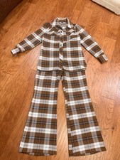 Vintage 70s Women  s Brown and White Plaid Two Piece Leisure Suit - Sz Med/Large