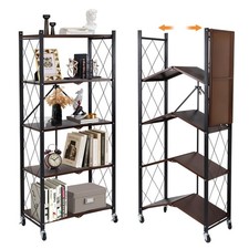5-Tier Foldable Storage Shelves with Wheels,Folding Bookshelf no Assembly