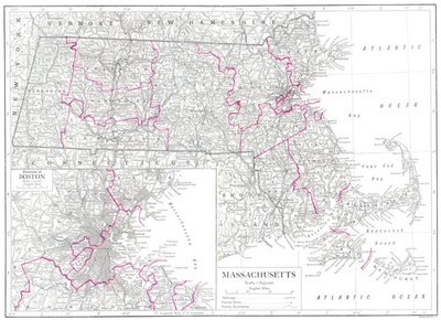 MASSACHUSETTS. Staatskarte zeigt Grafschaften; Einsatz Umgebung von Boston 1910