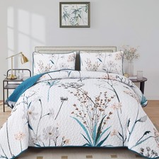 Teal Quilt King Size Floral Botanical King Quilt Bedding Set 3 Pieces Soft Li...