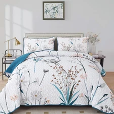 Teal Quilt King Size Floral Botanical King Quilt Bedding Set 3 Pieces Soft Li...