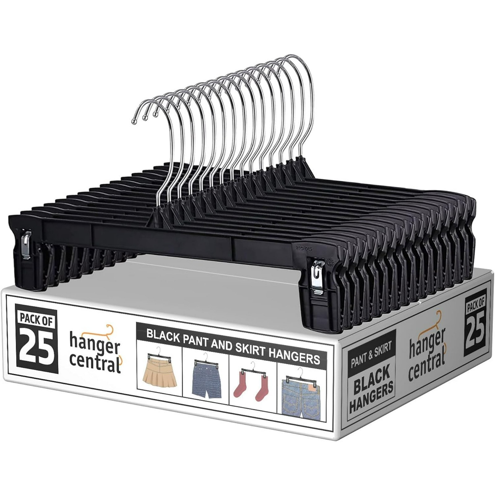 Hanger Central 25 Pack Black Plastic Pants Hangers with Extra Long Clips 12 inch