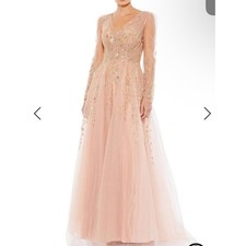 Mac Duggal Blush Champagne Embellished v neck Tulle Maxi Gown plus size 24 new