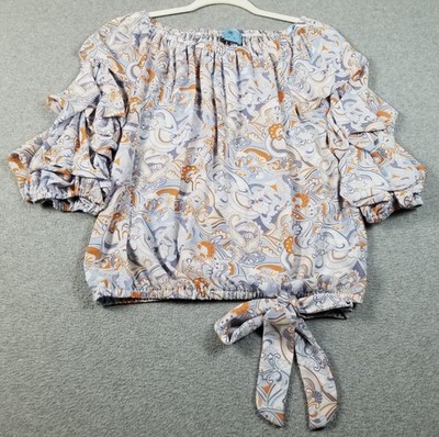 CeCe Top Women s Small S Paisley ¾ Gathered Sleeve Off the Shoulder Elastic Hem