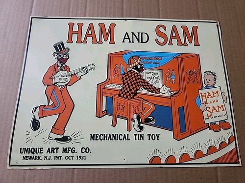 VINTAGE Ham And Sam Mechanical Tin Toy Metal Sign 14 X 10 UNIQUE ART MFG 1921