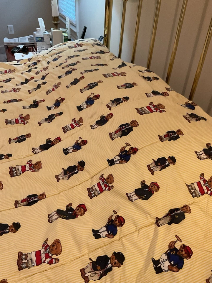 Ralph Lauren EUC Twin Yellow Stripe Polo Bear bed Comforter Vintage 82x88 - Image 2 of 4