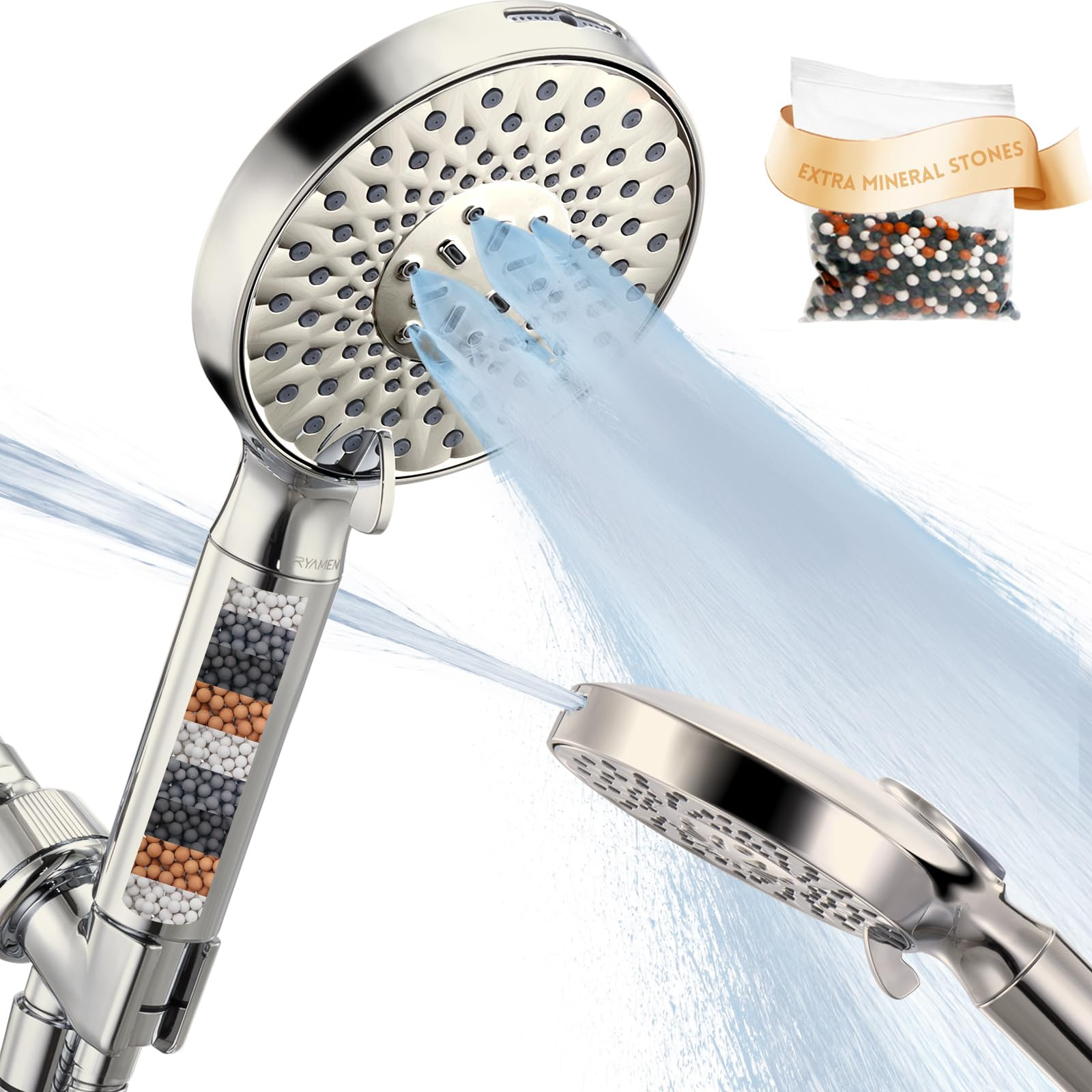 Brushed Nickel Filtered Shower Head with Handheld and 9 High-Pressure Spray Modes