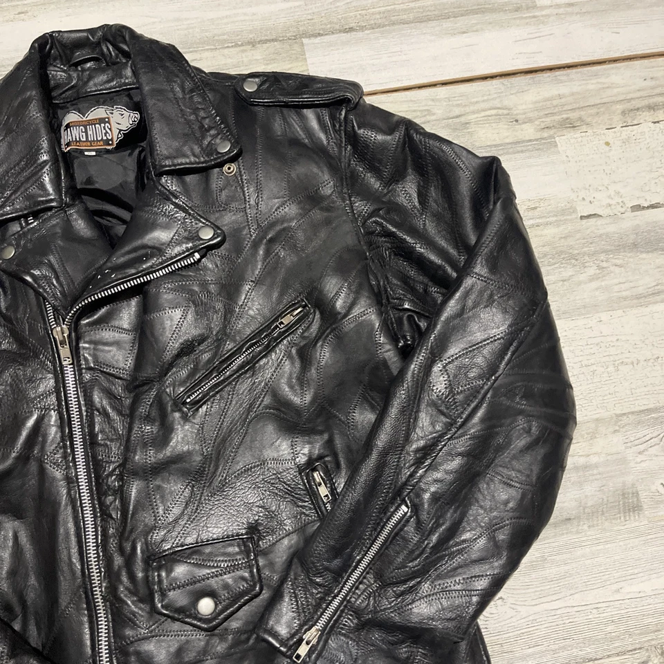 Chaqueta de moto de cuero negra Hawg Hides vintage forro con cremallera ventilada talla XL Foto 4 de 4