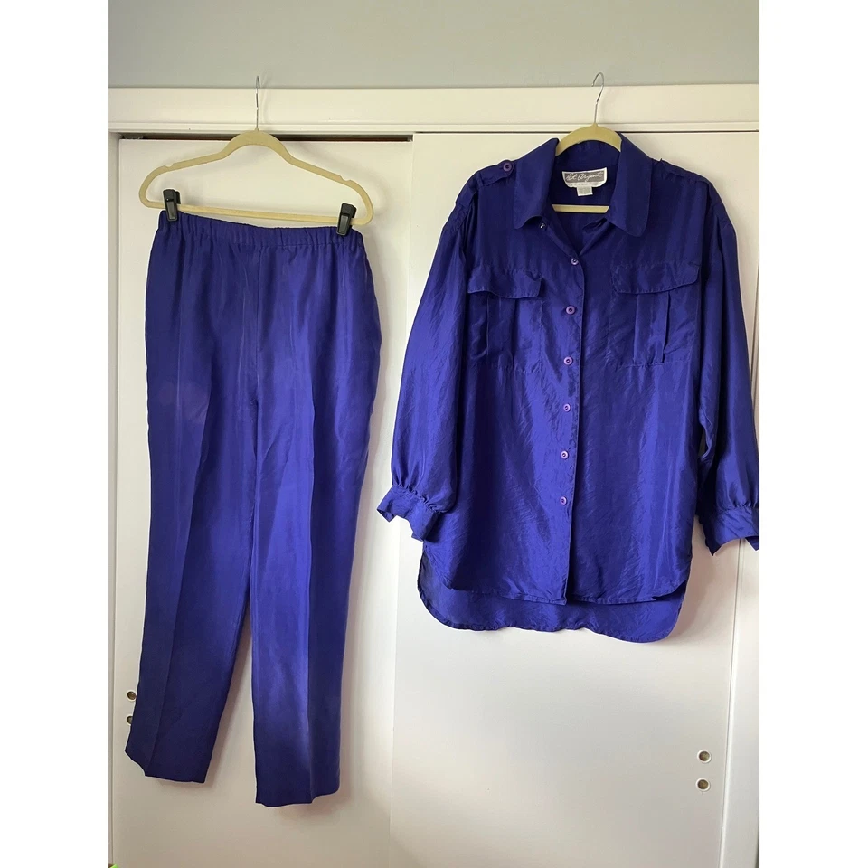 Conjunto Camisa y Pantalones de Seda Colección Pat Argenti Años 90 De Colección - Púrpura, Abotonada Foto 3 de 4