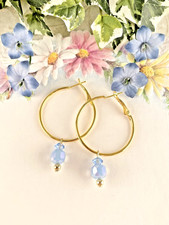 New Womens 18k Gold plated Round Hoop Earrings, Blue Crystal Dangle Drop Charms