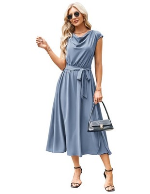 Women's Long Elegant Dinner Dress Cowl Neck, Special Occasions   Steel Blue M