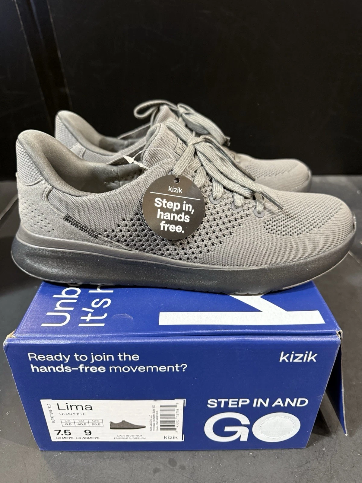 Kizik Lima Men’s Size 7.5 Hands Free Slip On Gray Black Sneakers Casual NWB