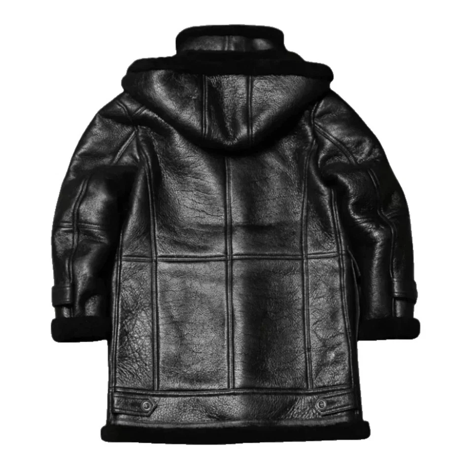 Mens Black Shearling Hooded Coat Real Sheep Leather Winter Jacket - Image 2 of 4