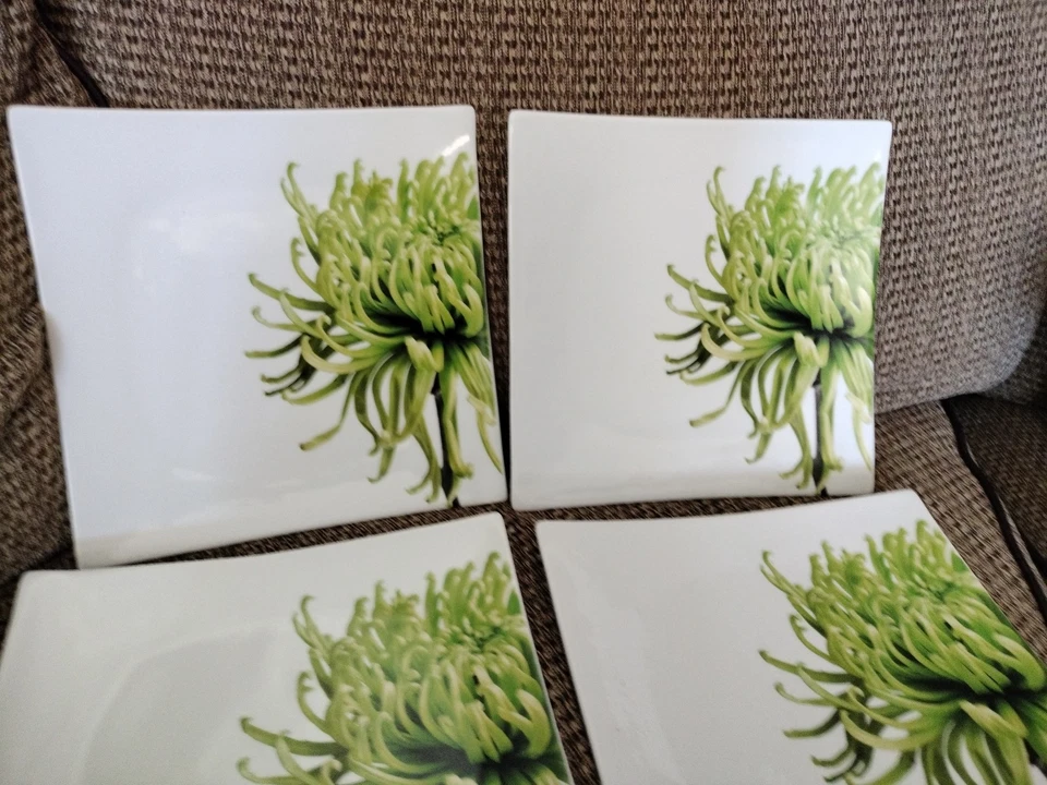 Set Of 4 Crate & Barrel White CB2 9 1/2" Dinner Heavy Square Plate Spider Mum - Image 3 of 4