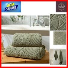 Image of Elegant Leaf Embossed Green Cotton Hand Towels - Soft, Absorbent, 2 Pack