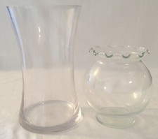 2 Clear Glass Vases - 1 Cylinder and 1 Indiana Glass Ivy Bowl with Ruffled Rim