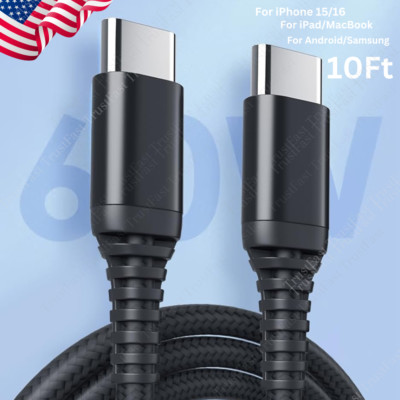 USB C to USB C Cable 10Ft Braided PD 60W Fast Charging For iPhone 15/16 Pro Lot