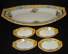 Vintage Japan Hand Painted Porcelain Rose Oval Celery Dish Salt Dips Cellars Set
