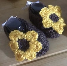 Sunflower Hand Crochet Baby Booties, Size Newborn, Gift Packaging Included