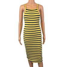 LOVE Sz XL Blue/White/Yellow Striped Ribbed Sleeveless Pencil Dress Form Fitting