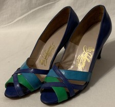 VTG Retro Johansen USA Leather Tri-Color Strappy Heels sz 6 Blue green Turquoise