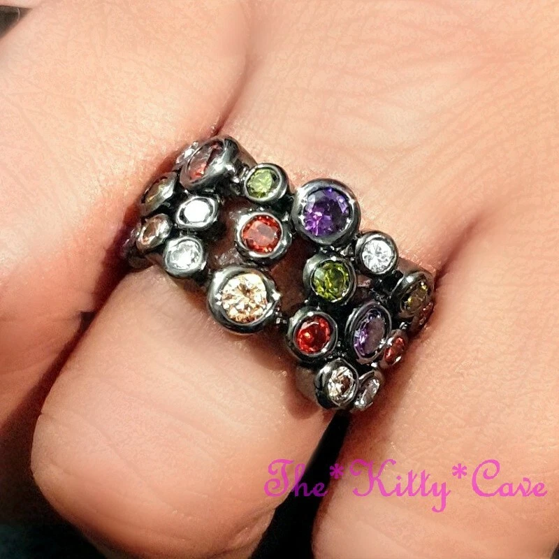 Rainbow CZ Crystal Zirconia Multi Coloured Retro Ossie Bubble Band Cocktail Ring - Image 2 of 4