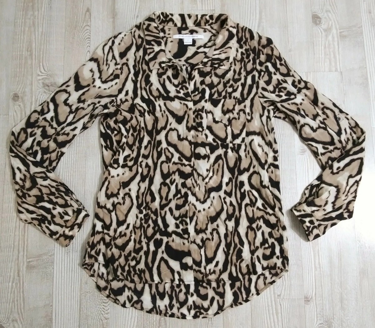 Diane von Furstenberg Size Silk Dress Shirt Prita Leopard Animal
