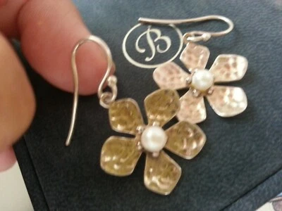 "Beaverbrook's" Hammered Silver Flower Design With Centre Pearl Drop Earrings - Image 1 of 4