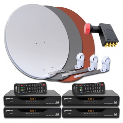 8 Teilnehmer Sat Anlage 4x Receiver Megasat 3600 V2 Octo LNB 80cm Spiegel