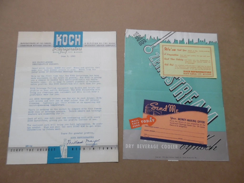 1940 Koch Zerostream Beverage Cooler Beer Dispenser Bar Front Brochure Lot