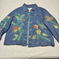 Coldwater Creek Embroidered Denim Jean Jacket Floral Whimsy Boho Cottage Pet. XL