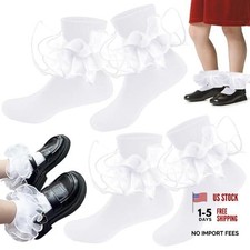 2 Pairs Girls Ruffle Socks Double Lace Cute Frilly Trim White 6-8 Years