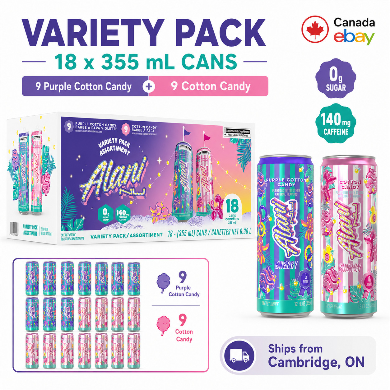 Alani Nu Energy Drink Variety Pack | Cotton Candy &Amp; Purple Cotton Candy | 18 Can