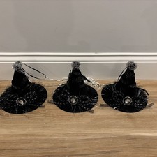 Halloween Witch Hat Decor Set Of 3 Black Silver w/Bow Pom Pom Faux Diamond