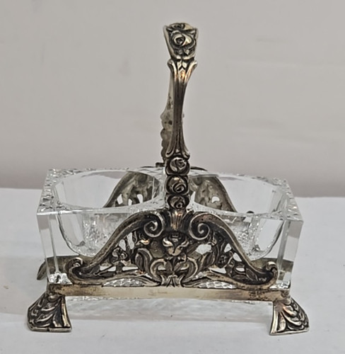 ANTIQUE GERMAN 800 SILVER  & CRYSTAL DOUBLE SALT CELLAR BASKET , LATE 19th C