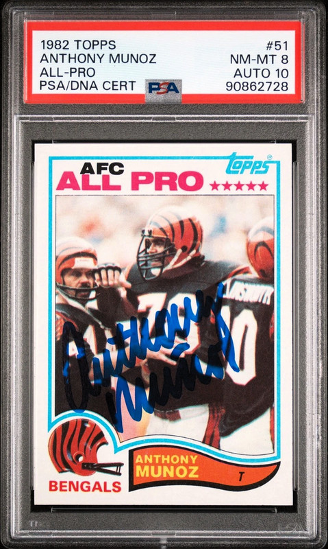 Anthony Munoz Signed 1982 Topps #51 HOF Cincinnati Bengals RC PSA 8 DNA AUTO 10