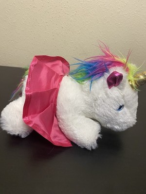 Klutz Rainbow White Unicorn Plushy with Pink Skirt Gold Horn 8''Lx6''Hx5''W