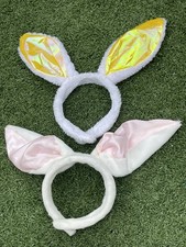 Lot of 2 Easter Bunny Costume Ears Headbands   White Plush w/ Pink  Yell 11 Inc