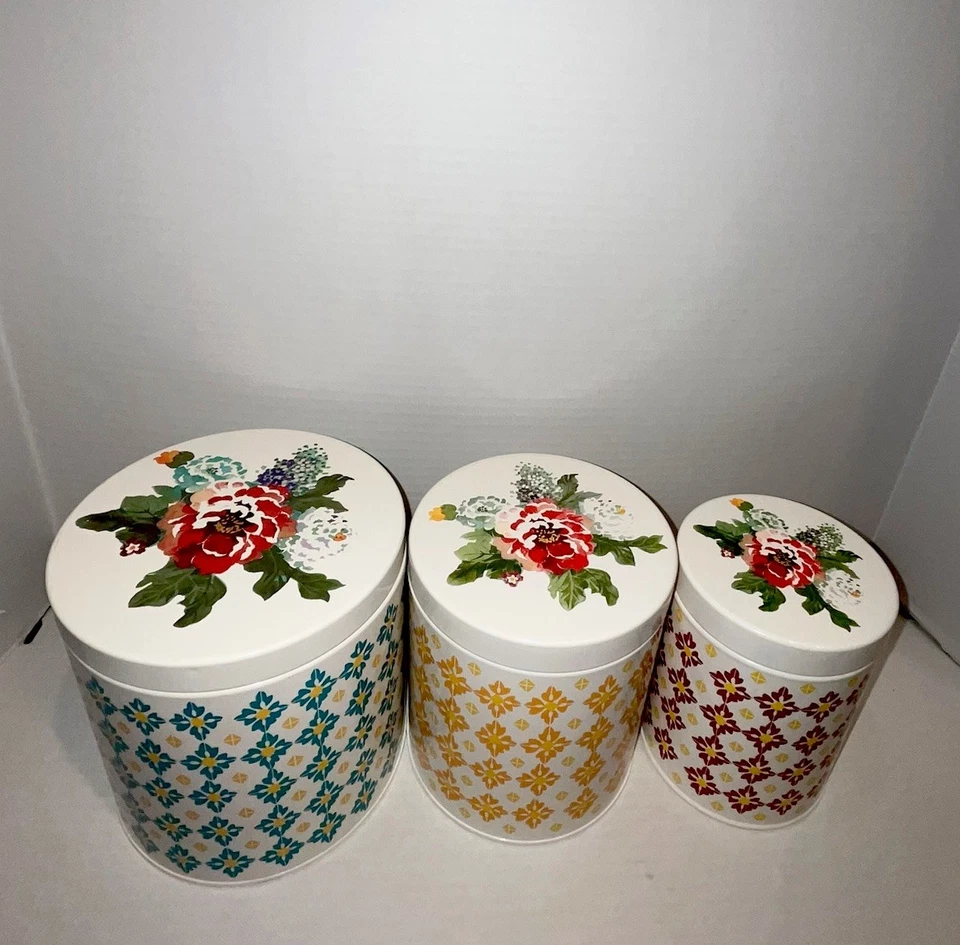 The Pioneer Woman Canisters Metal Farm House Kitchen Floral Top Set Of 3 Vintage - Image 4 of 4