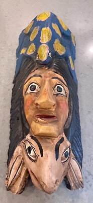 Vintage Mexican Guerrero Folk Art Carved Wood Man W/ Two Animals Dance Mask 19''
