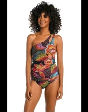 La Blanca Sunlit Soiree One Shoulder Keyhole Floral Tankini Top Size 8 New