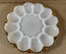 Anchor Hocking 1950s Fire King Milk Glass Deviled Egg Plate Dish 22K Gold Trim