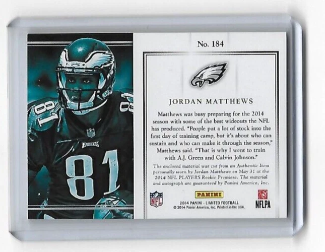 2014 Panini Limited Phenoms /199 Jordan Matthews #184 Rookie Auto RC RPA - Image 2 of 2