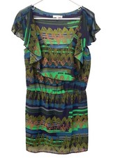 Glam Ruffle Sheer Overlay Dress Size Medium Scoop Neck Abstract Multicolor Boho