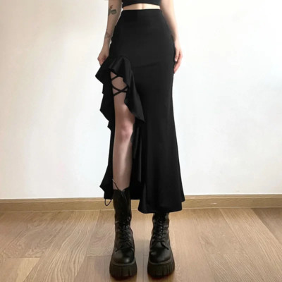 Herbst Gothic Schwarz High Waist Bodycon Rock Punk Rüschen Schlitz A-Linie Y2K Mode