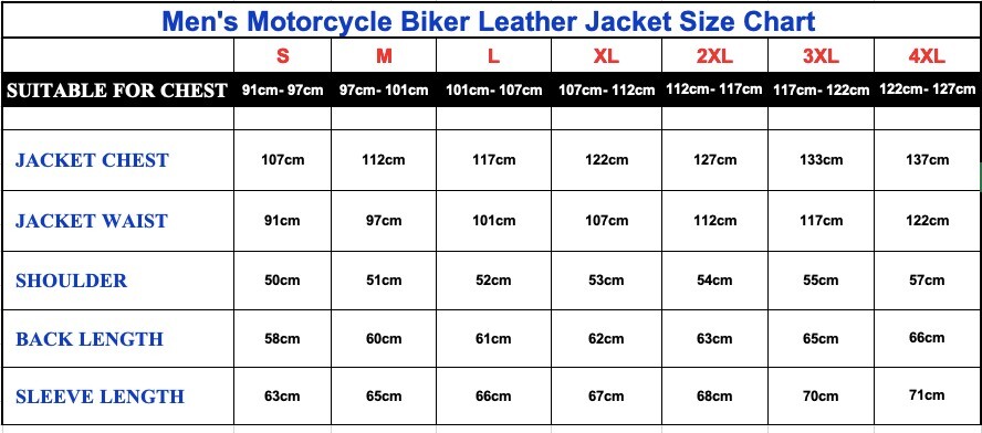 Motorcycle Gear Biker Jacket Size Chart Mens Yamaha Monster