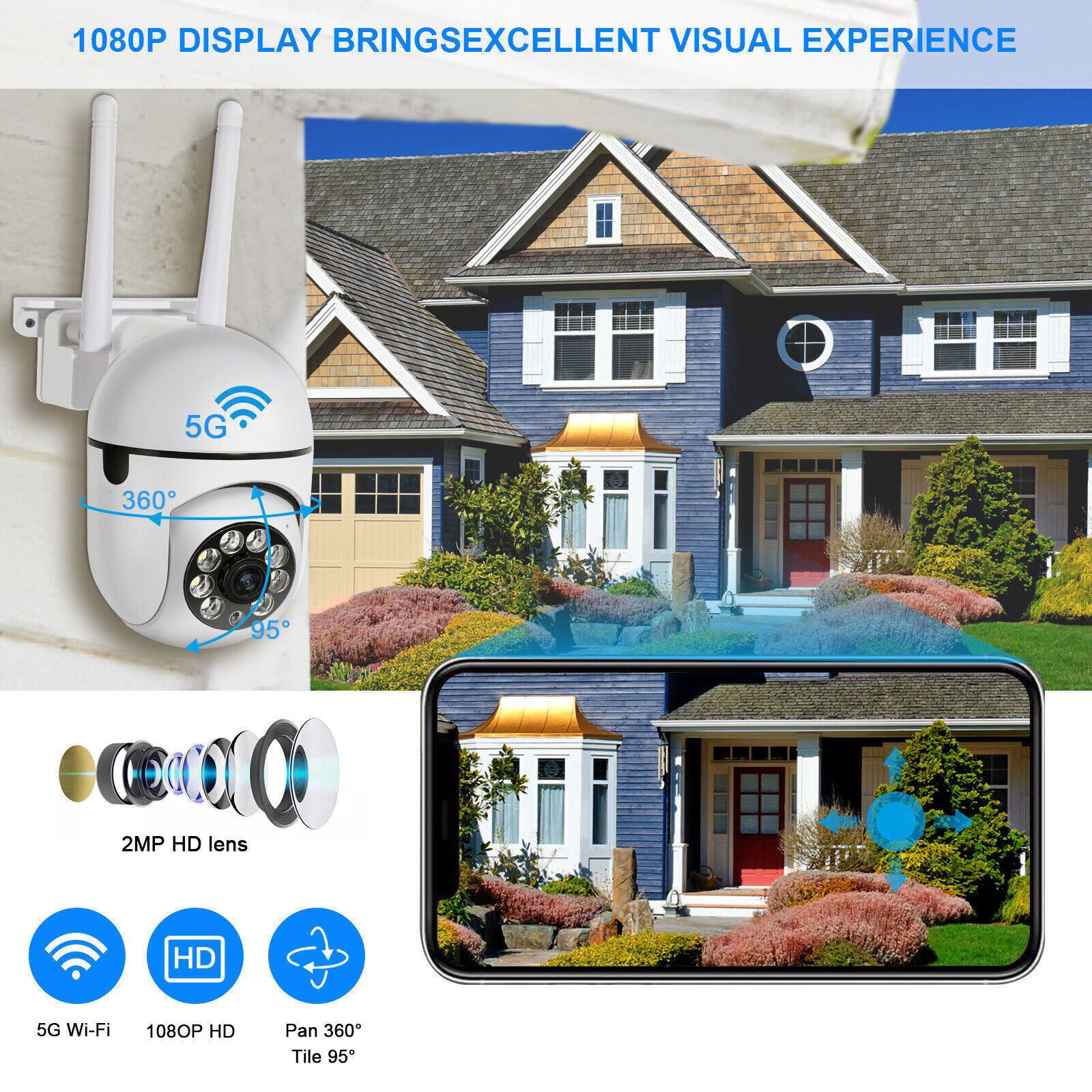 Camara De Seguridad WIFI Inalambrica 360° Para Casa Exterior 5G 1080 Con  Audio